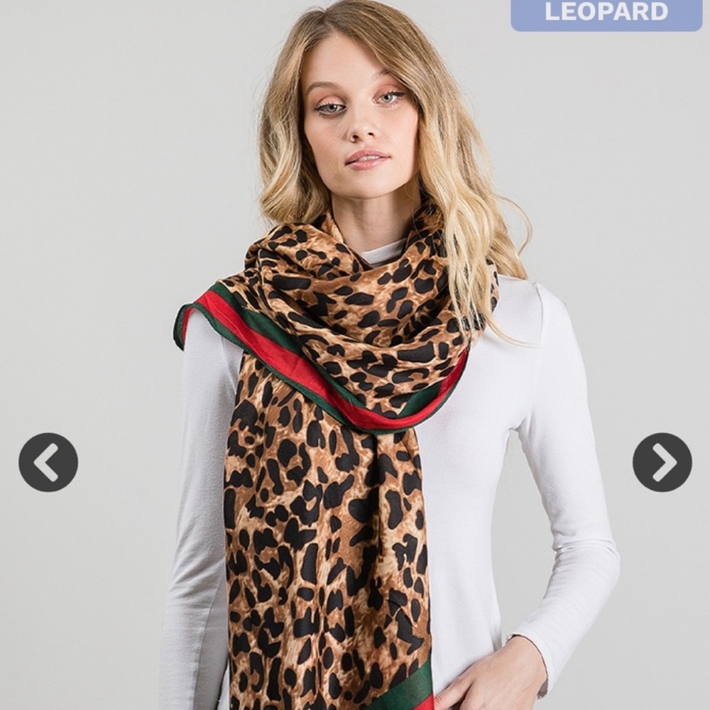 Two Leopard Print Scarves with Red and Green Trim